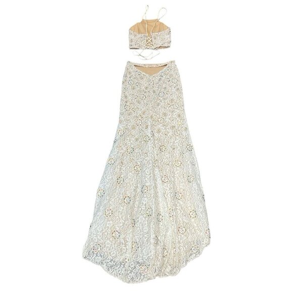 La‎ Femme 2 Piece Gown Womens 8 White Sequin Lace Halter Lace Up Slit Maxi Skirt - Picture 5 of 16